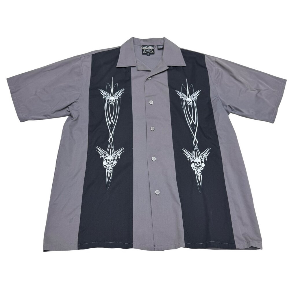 Hard Chrome Gear Men's Gray Black Snap-Down SS Shirt White Skull, Size XL